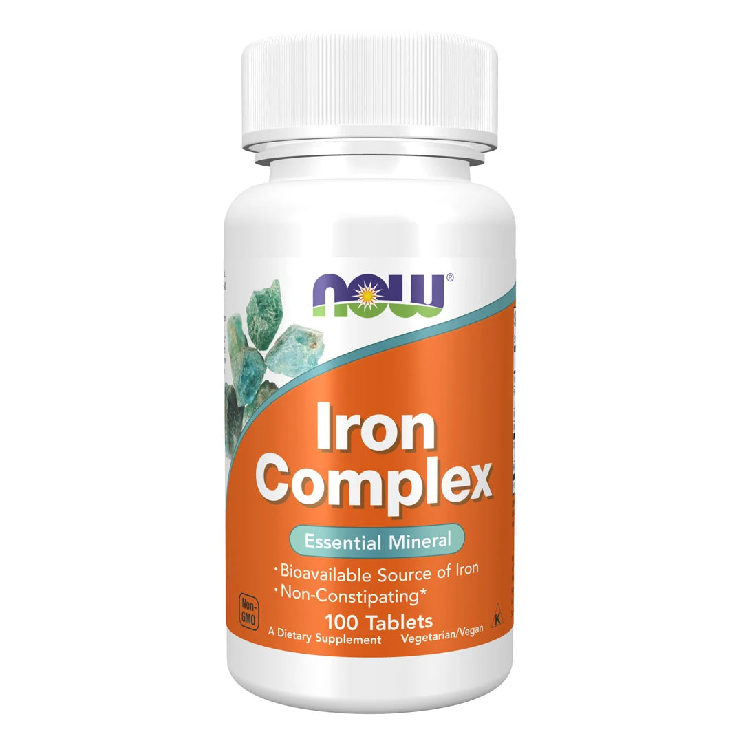 NOW Iron Complex 100 tabletter i en vit burk med orange etikett.