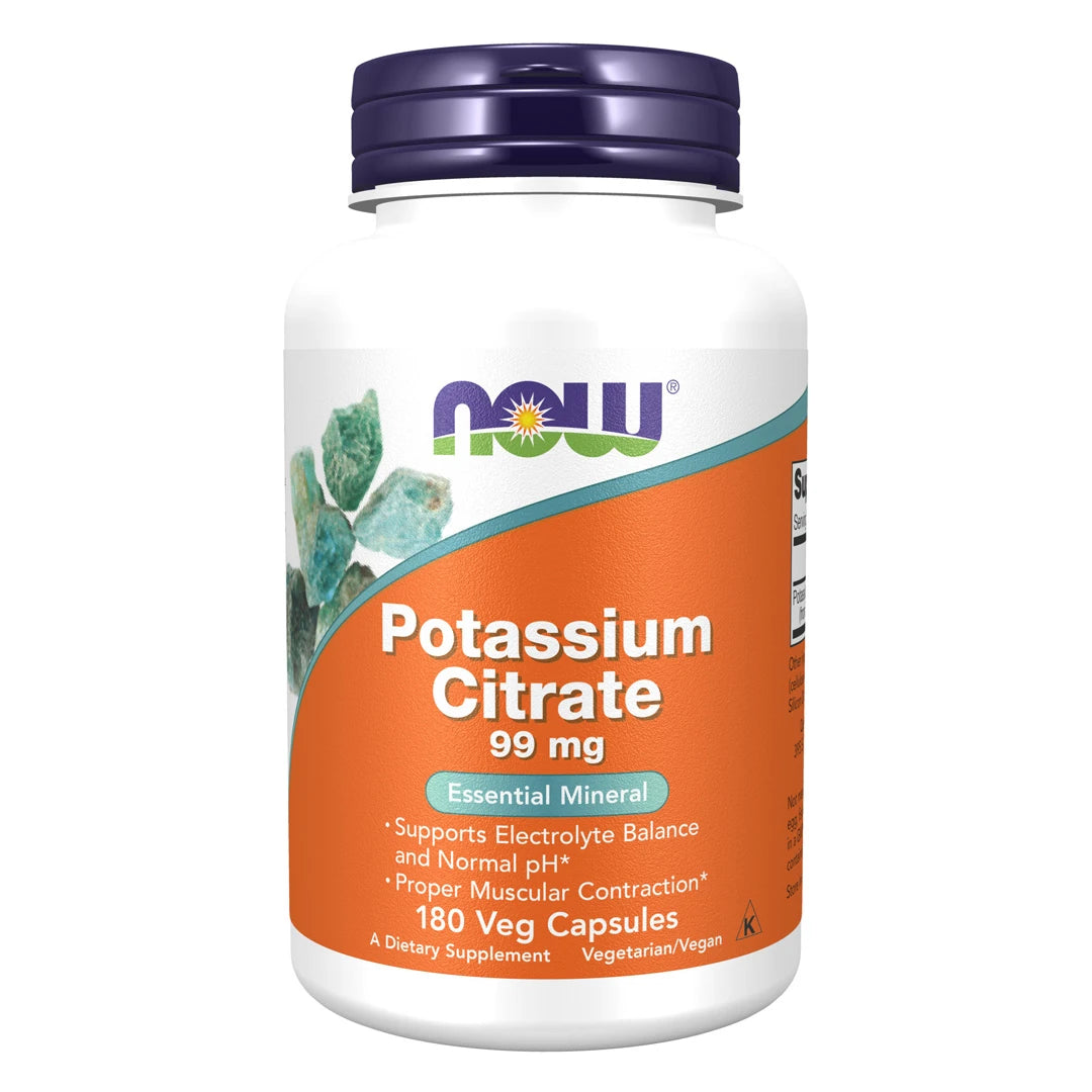 NOW Potassium (Kalium) Citrate 180 vegcaps i en vit plastburk med lila lock och orange etikett.