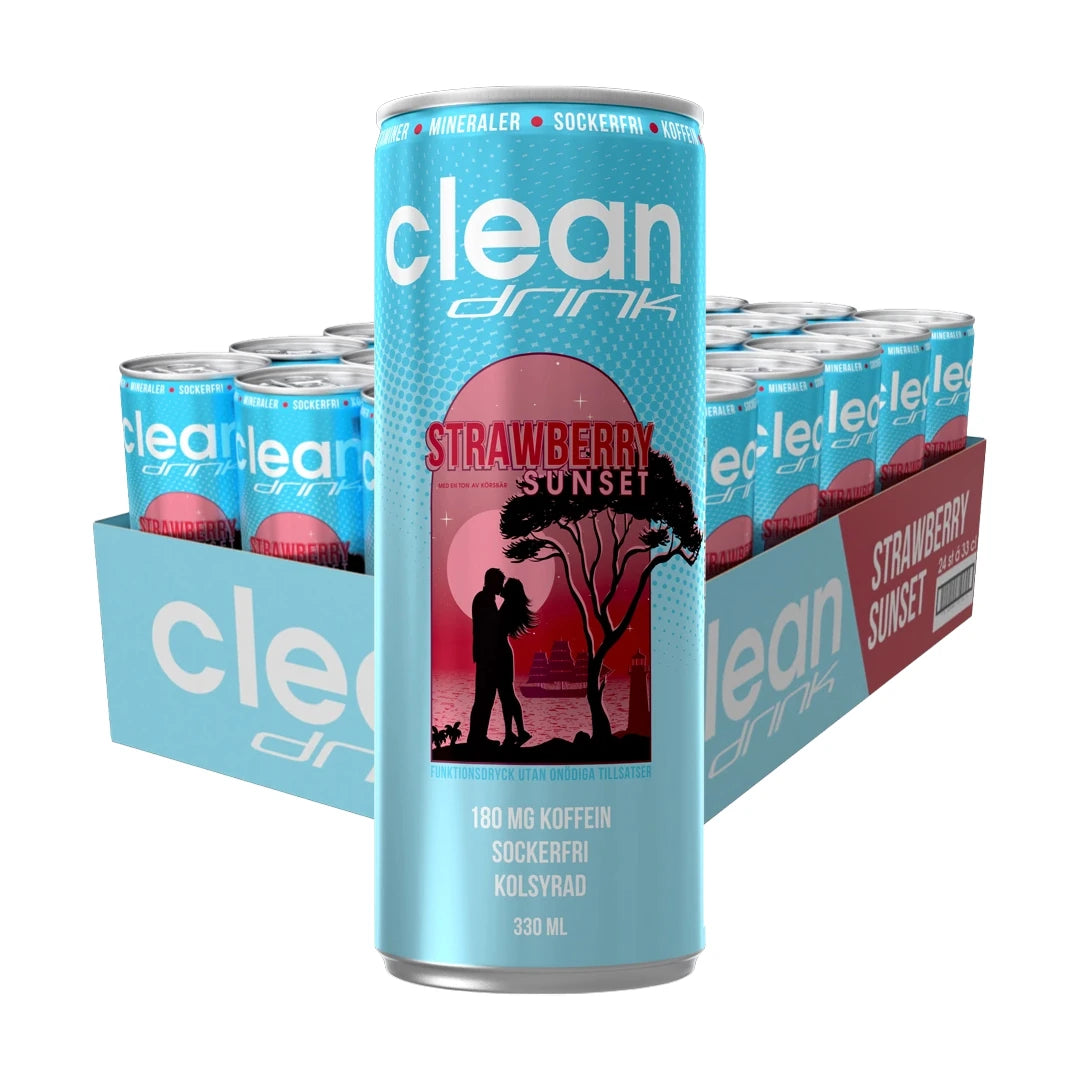 24 x Clean Drink 330 ml Strawberry Sunset i ett ljusblått flak med matchande burkar som har ett rosa solnedgångsmotiv.
