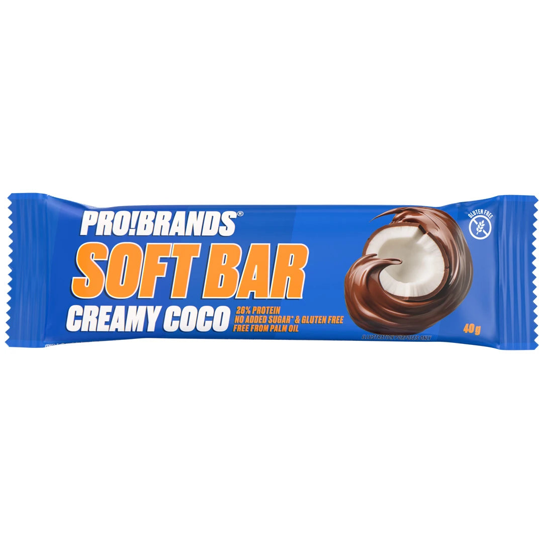 Pro Brands Softbar 40 g proteinbar i en blå förpackning med choklad- och kokosmotiv för smaken Creamy Coco.