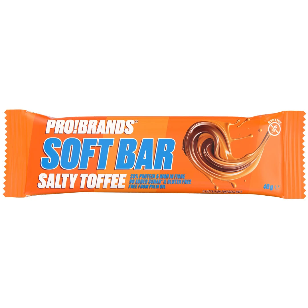 Pro Brands Softbar 40 g proteinbar i en orange förpackning för smaken Salty Toffee.