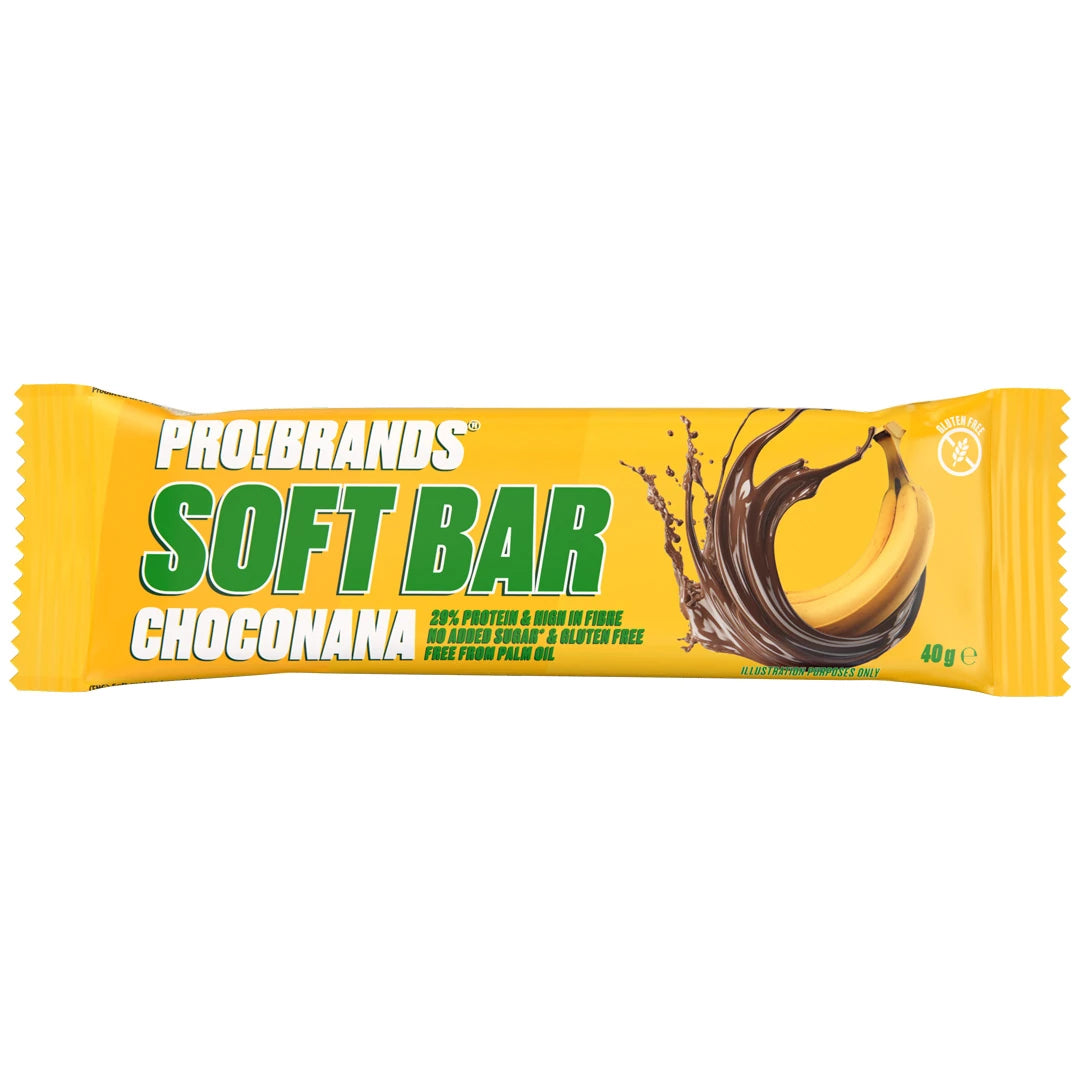 Pro Brands Softbar 40 g proteinbar i en gul förpackning med choklad- och bananillustration för smaken Choconana., bild 3 av 3