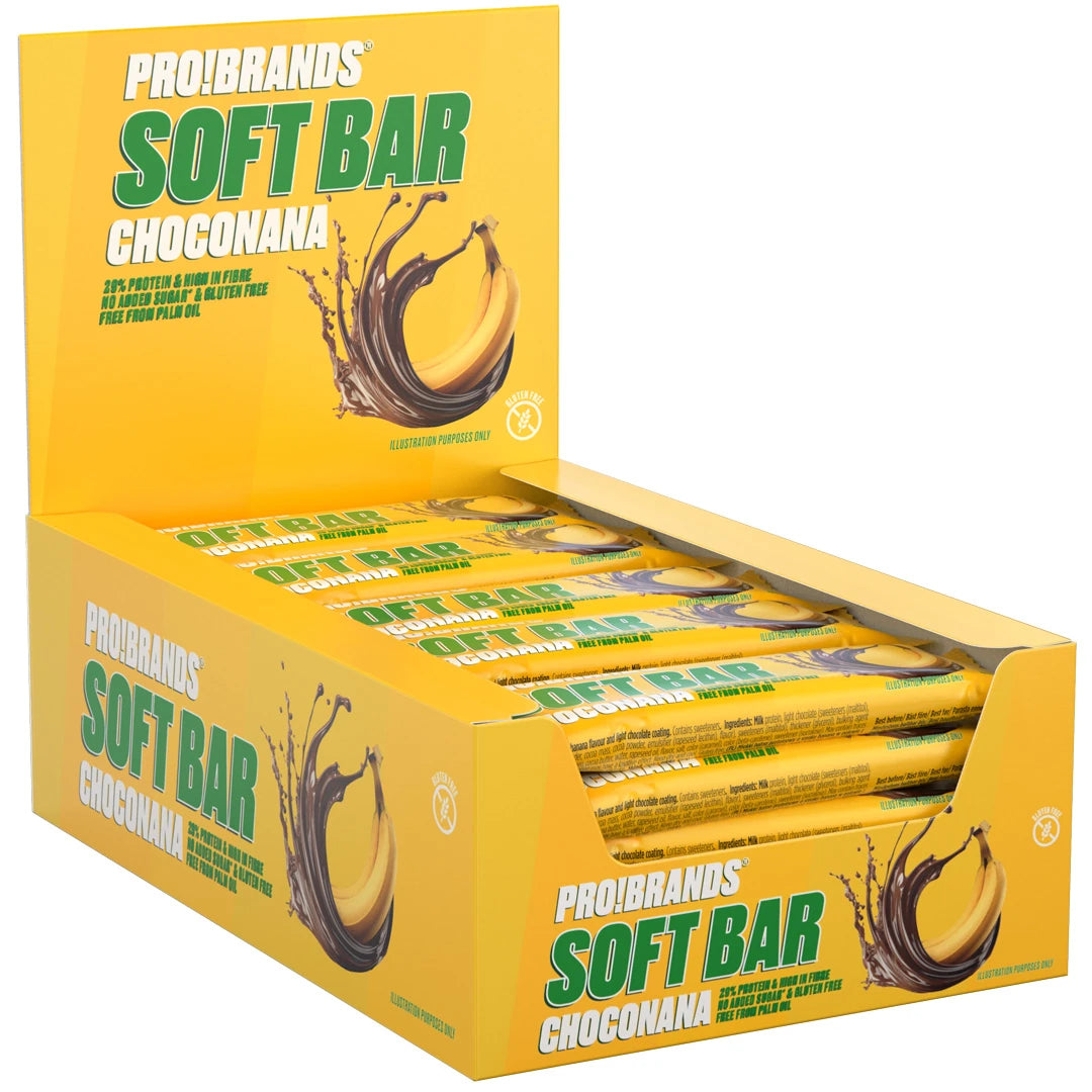 15 x Pro Brands Softbar 40 g Mixlåda i en öppen gul kartong fylld med proteinbars i smaken Choconana.