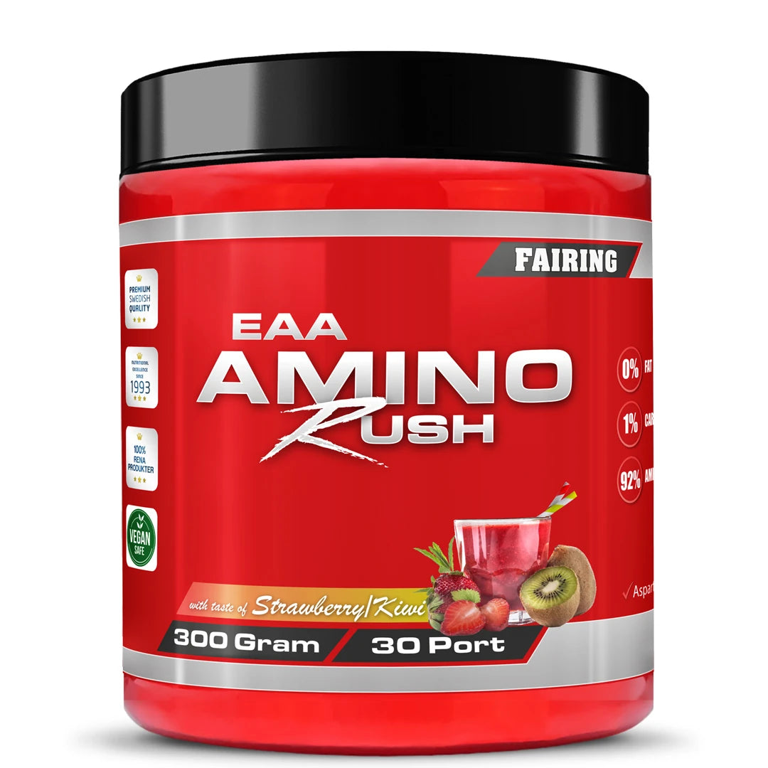 Fairing Amino Rush 300 g EAA-pulver i en röd burk med svart lock och illustration av Strawberry Kiwi.