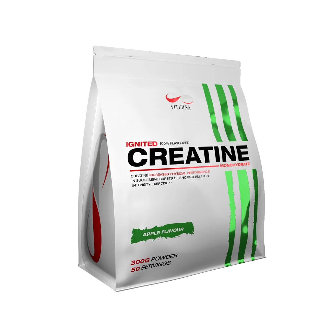 Viterna Ignited Creatine 300g kreatinpulver i en vit påse med gröna detaljer för smaken Apple.
