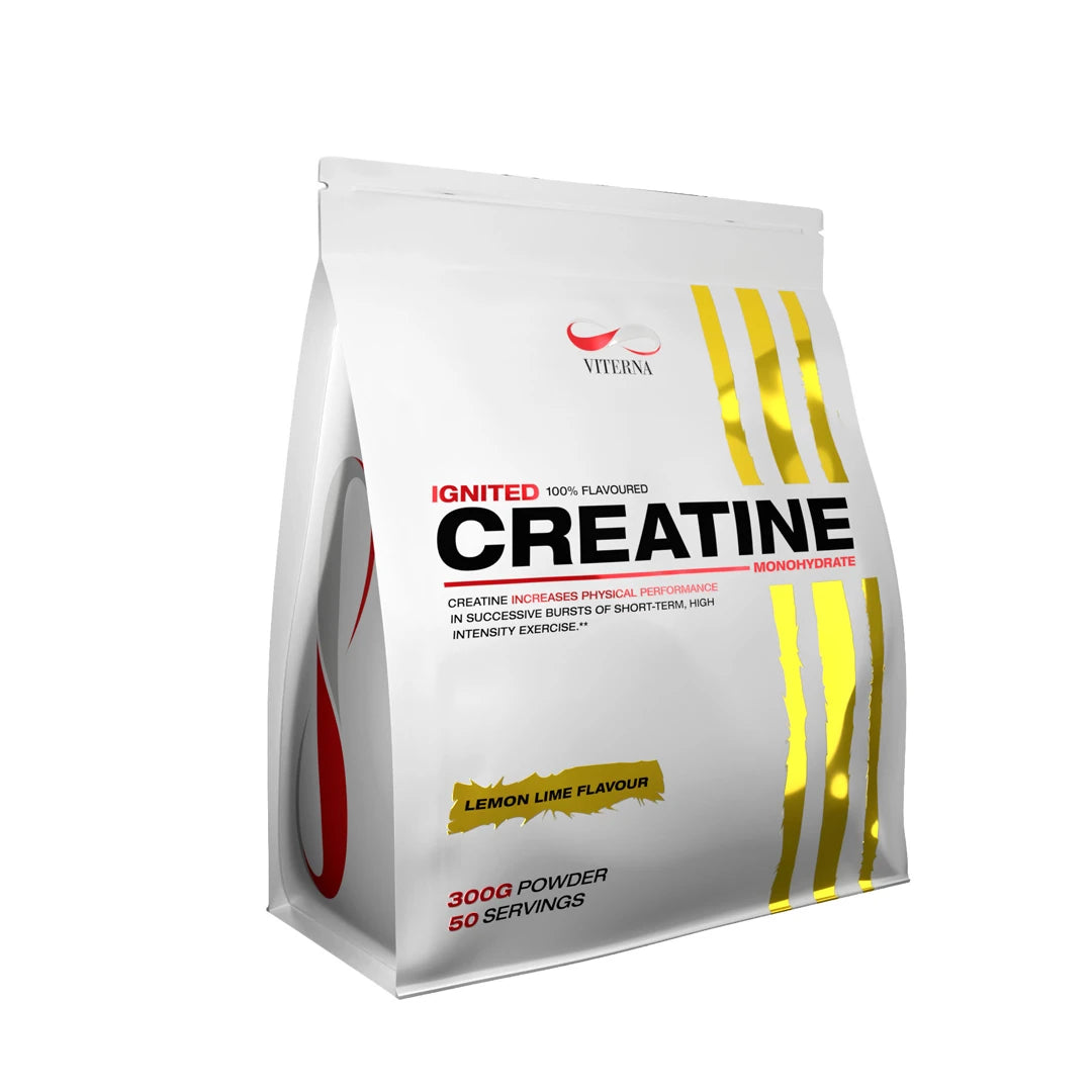 Viterna Ignited Creatine 300 g i en vit påse med guldiga detaljer för smaken Lemon Lime., bild 3 av 3