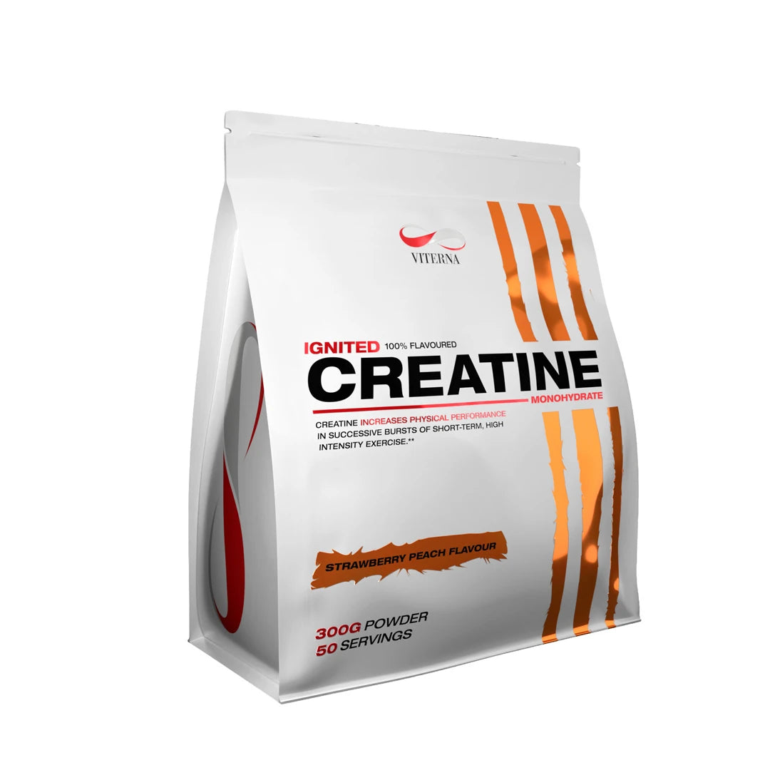 Viterna Ignited Creatine 300g kreatinpulver i en vit påse med orangea detaljer för smaken Jordgubb Persika.