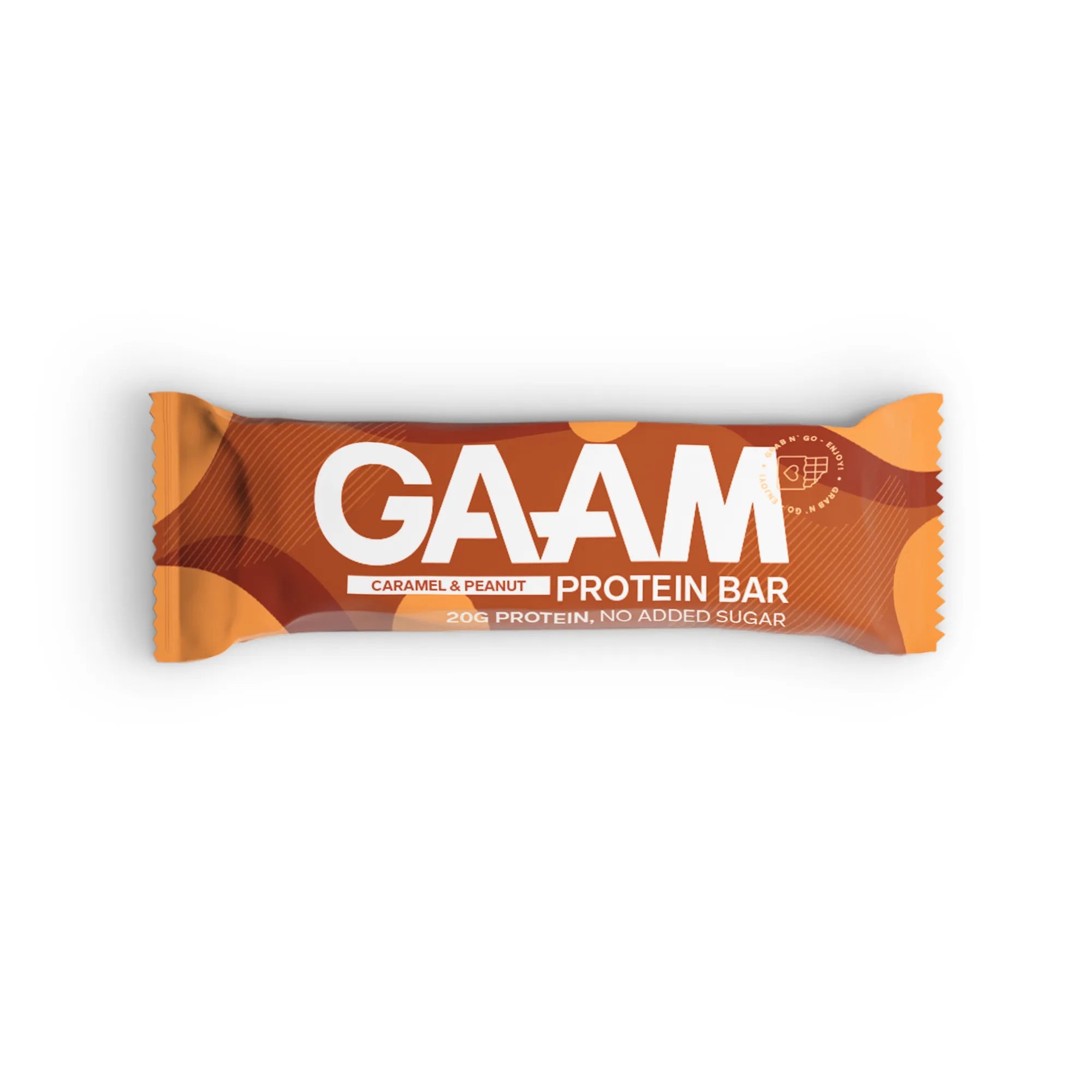 GAAM Protein & Soft bar 45 g i en orange och brun förpackning med smaken Caramel Peanut.