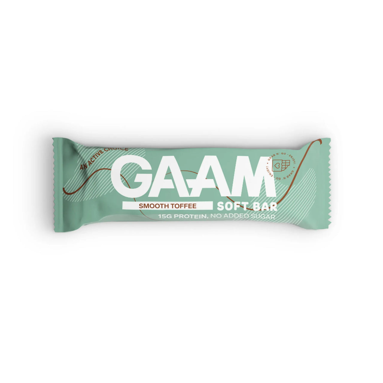GAAM Protein & Soft bar 45 g i en ljusgrön förpackning med smaken Smooth Toffee.