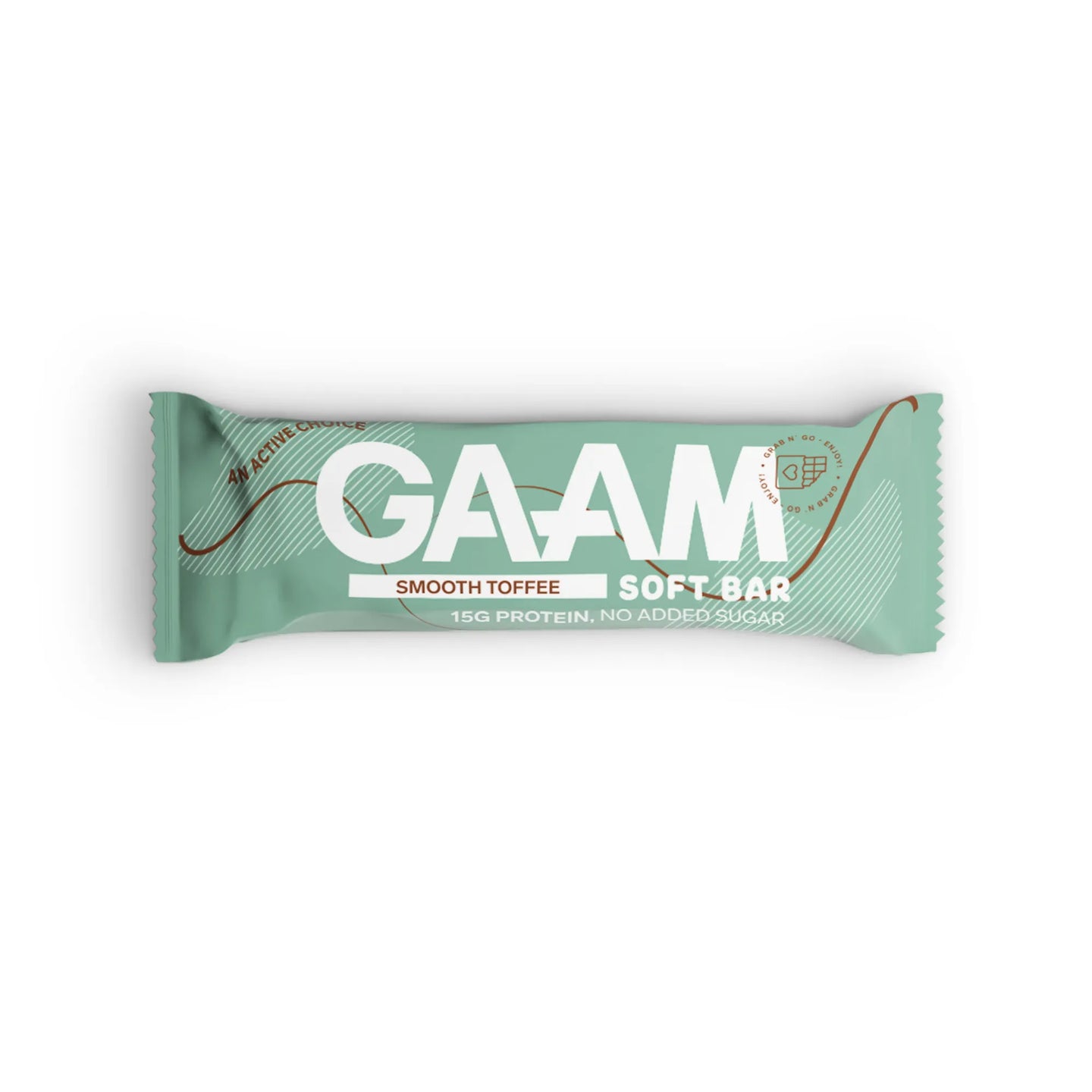 GAAM Protein & Soft bar 45 g i en ljusgrön förpackning med smaken Smooth Toffee.