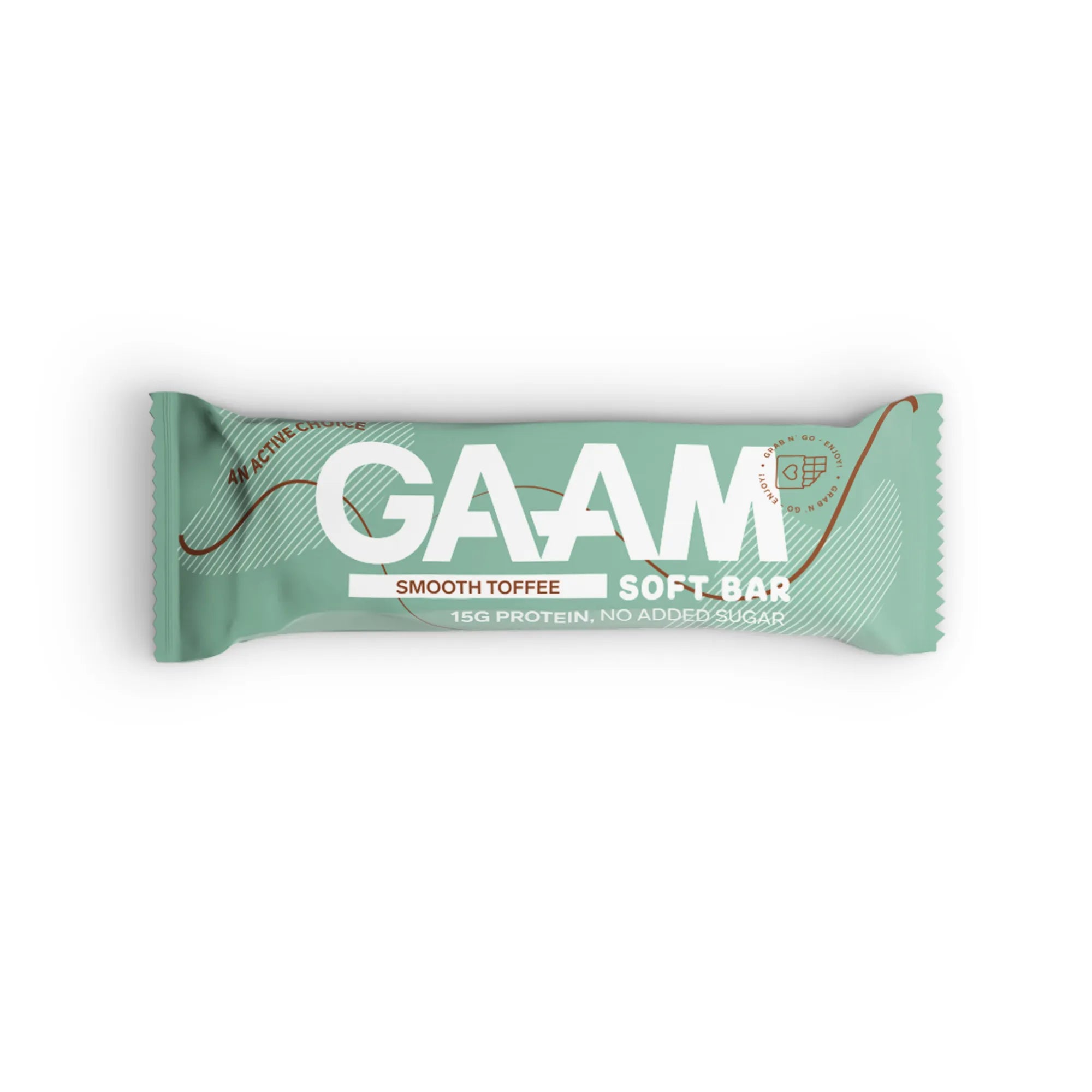 GAAM Protein & Soft bar 45 g i en ljusgrön förpackning med smaken Smooth Toffee.