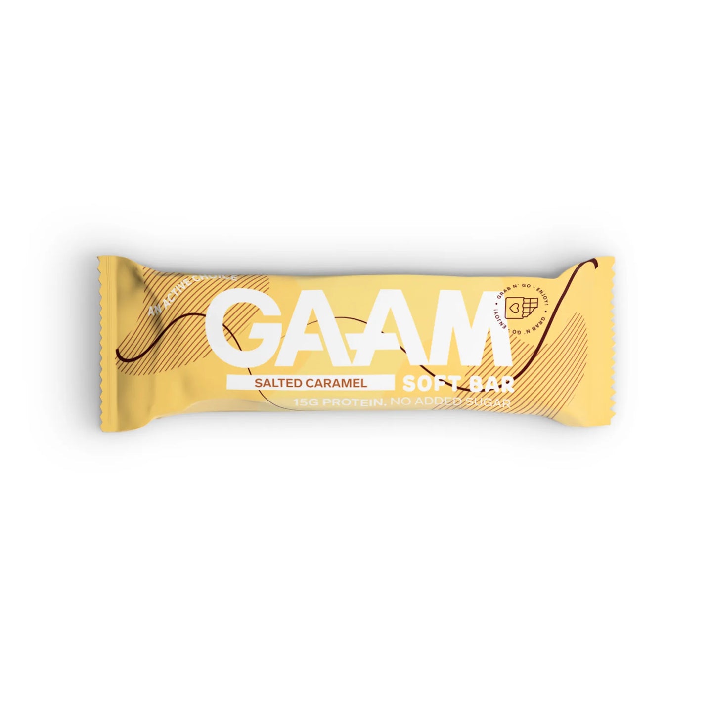 GAAM Protein & Soft bar 45 g i en gul förpackning med bruna detaljer för smaken Salted Caramel.
