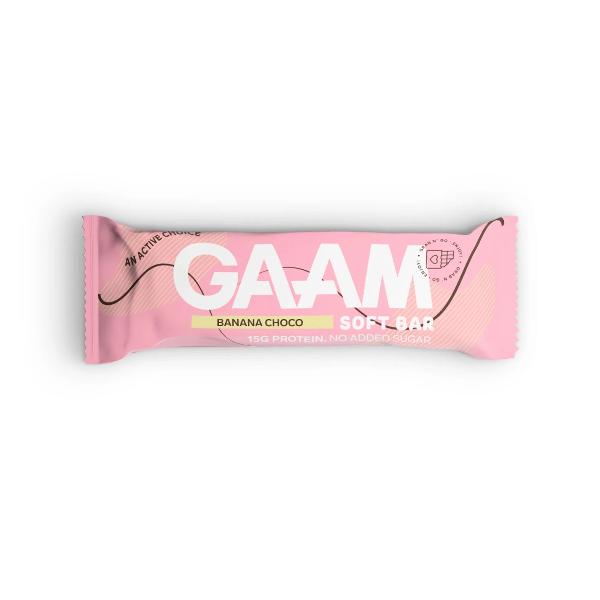 GAAM Protein & Soft bar 45 g proteinbar i en rosa förpackning för smaken Banana Choco.
