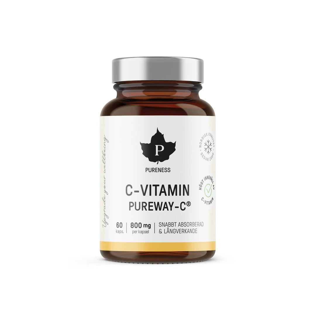 Pureness C-vitamin PUREWAY-C® 60 caps i en brun burk med vit etikett och silverfärgat lock.