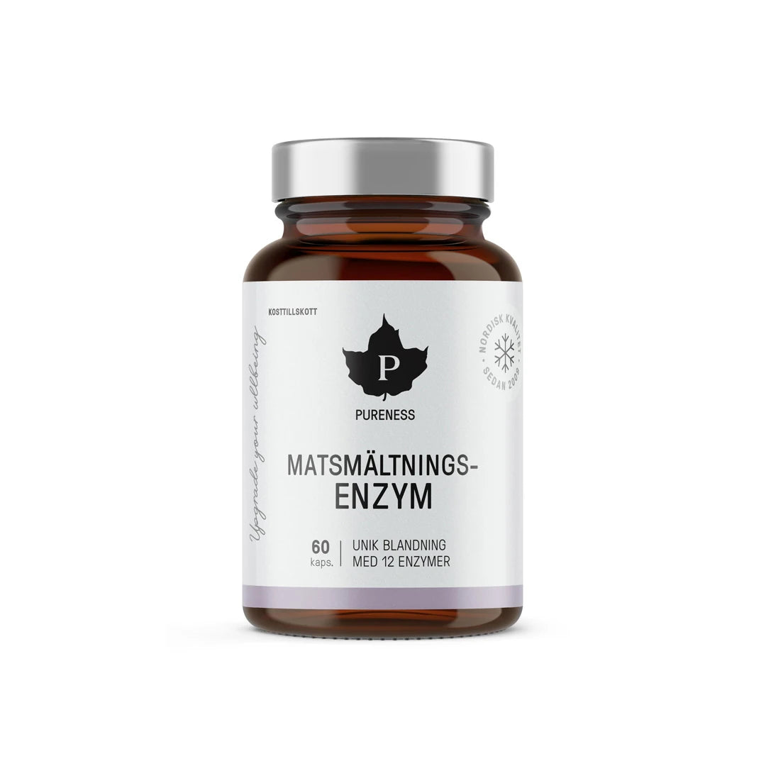 Pureness Matsmältningsenzym 60 caps i en brun burk med vit etikett och silverfärgat lock.