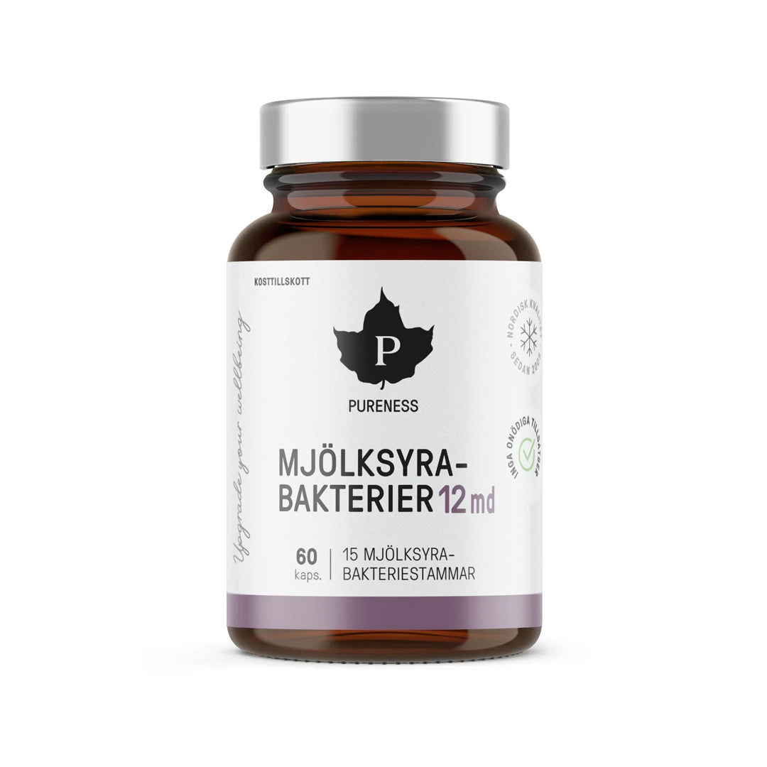 Pureness Mjölksyrabakterier 12 md 60 caps i en brun glasburk med vit etikett och silverlock.