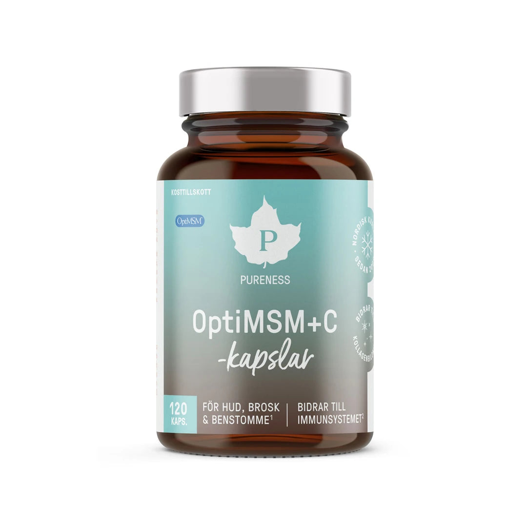 Pureness OptiMSM + C capsules 120 caps, mörk glasburk med silverlock och ljusblå etikett för hår, hud och naglar.