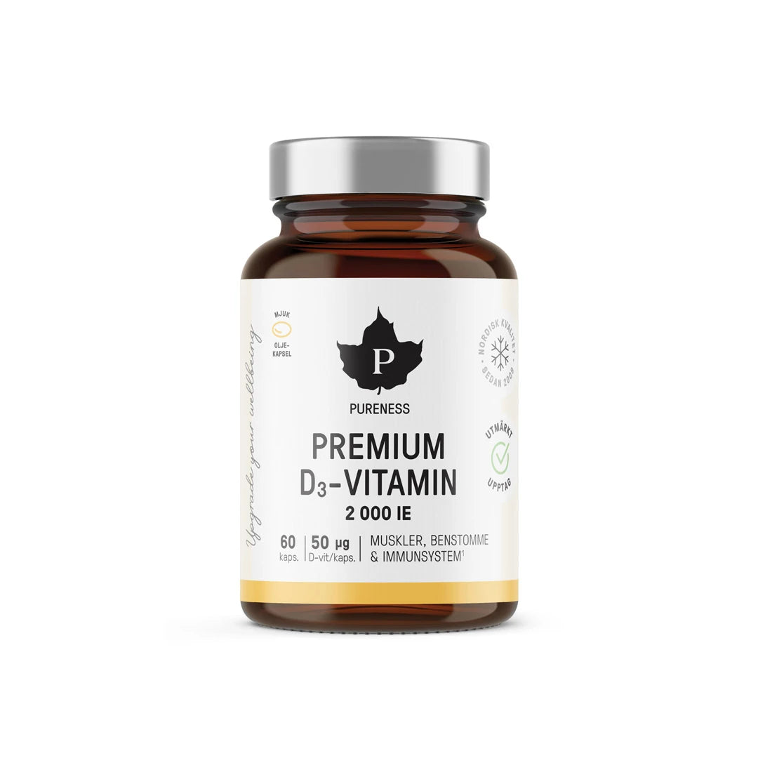 Pureness Premium D3-vitamin 2000 IE 60 caps i en mörkbrun burk med silvrigt lock och vit etikett.