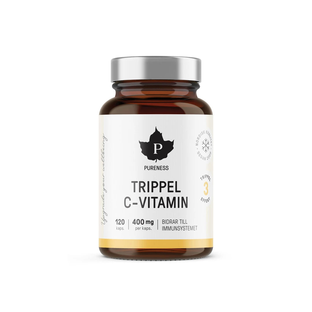 Pureness Trippel C-vitamin 120 caps kosttillskott förpackad i en mörk burk med vit etikett och silverlock.