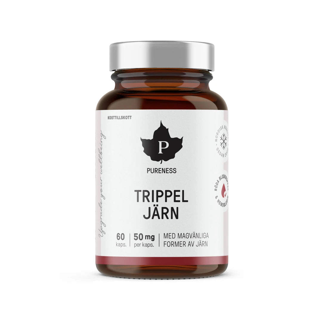 Pureness Trippel Järn 60 caps, ett järntillskott i en mörk glasburk med vit etikett och silverlock.