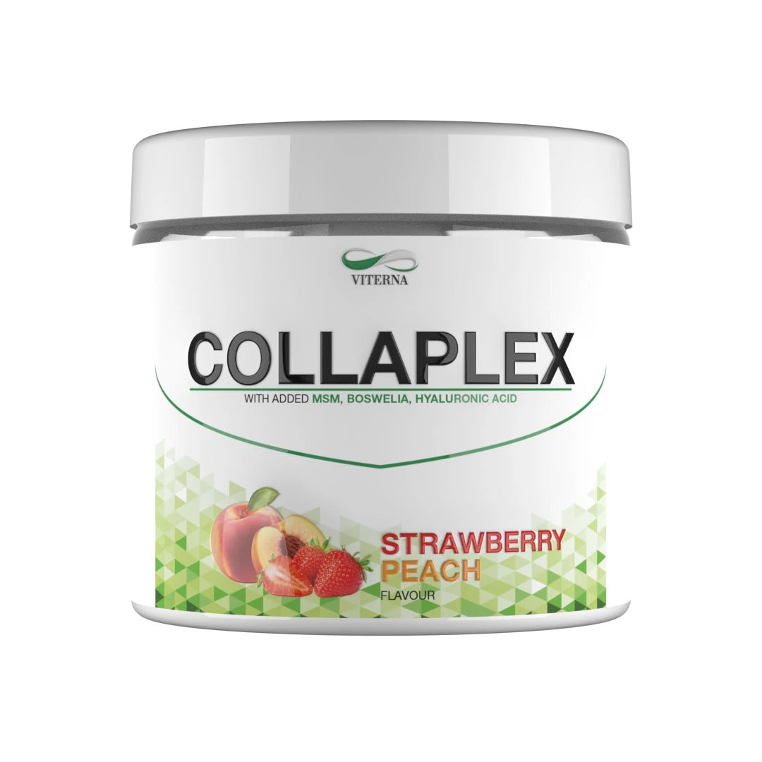 Viterna Collaplex powder 400 g kollagen i en vit burk med gröna detaljer och fruktmotiv för smaken Strawberry Peach.