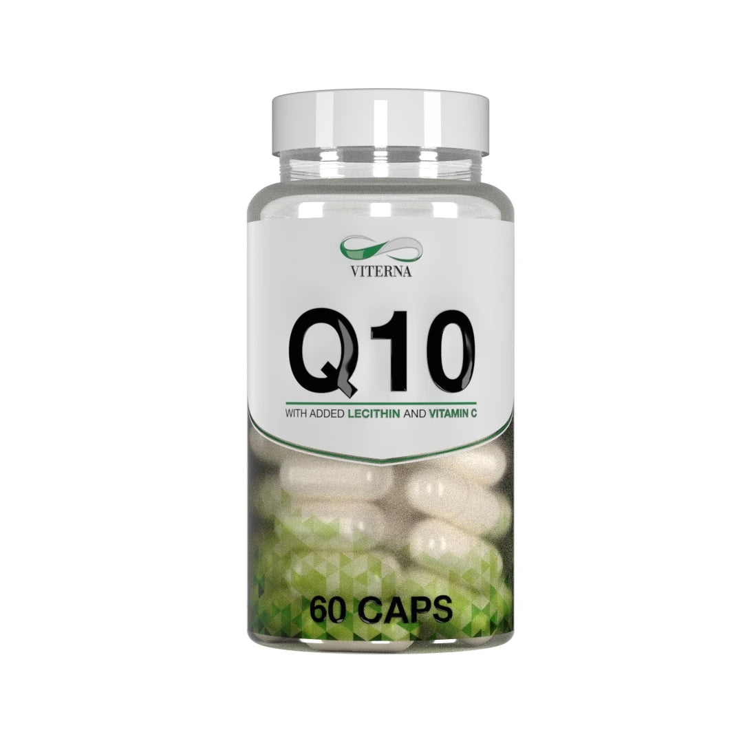 Viterna Q10 60 caps i en transparent burk med vit etikett och gröna detaljer fylld med vita kapslar.