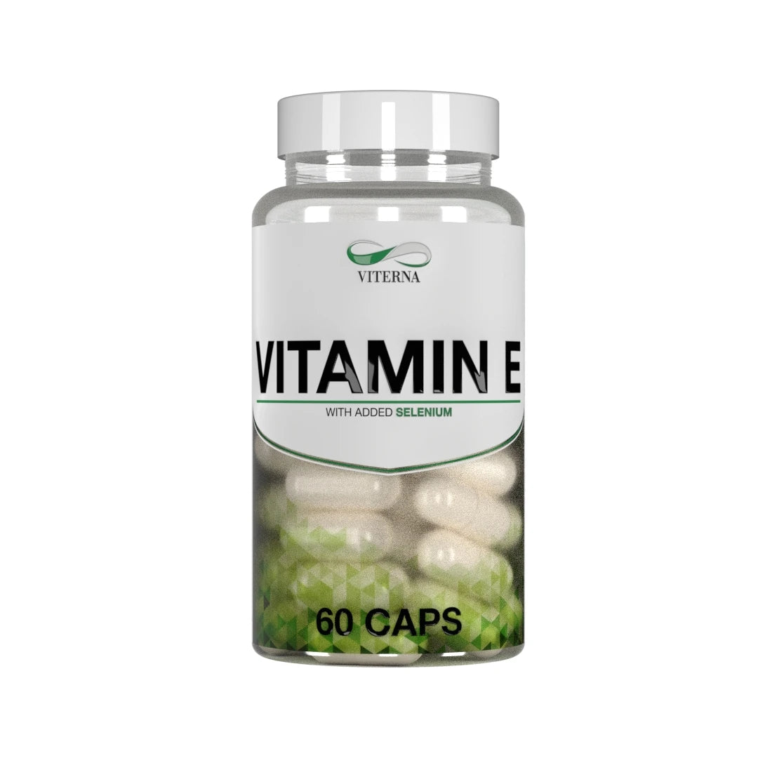 Viterna Vitamin E + Selenium 60 caps kosttillskott i en genomskinlig burk med vit etikett och gröna detaljer.