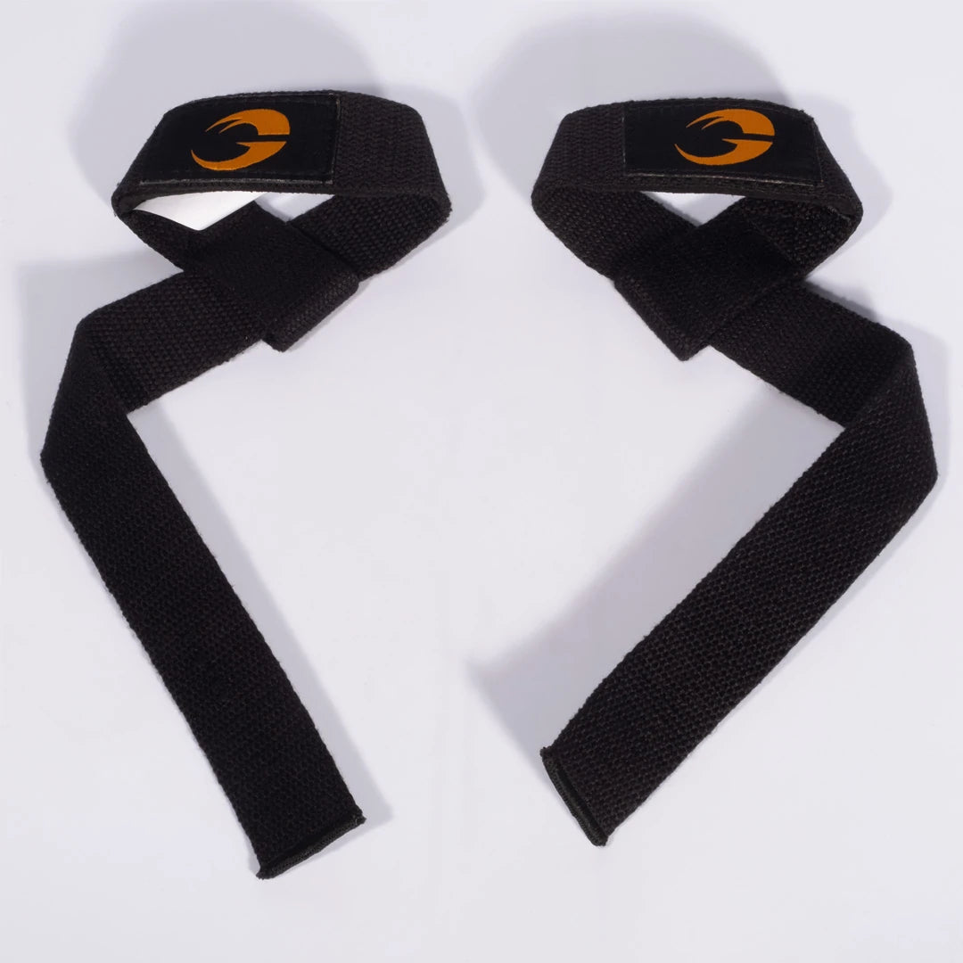 GASP Classic Lifting Straps Black, ett par svarta dragremmar i kraftig bomull med orange logotyp.