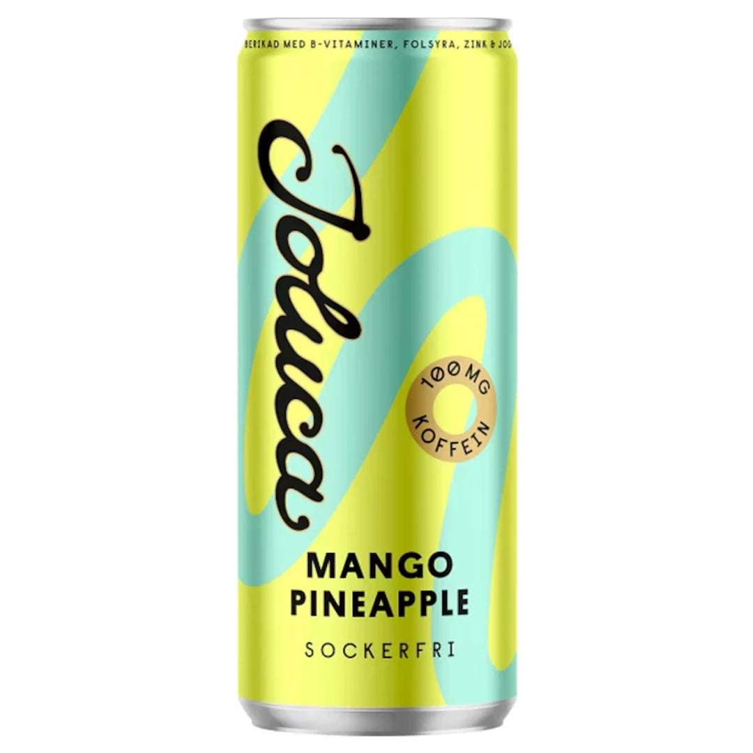 Joluca 330 ml kolsyrad dryck i en gul och ljusblå burk för smaken Mango Pineapple.