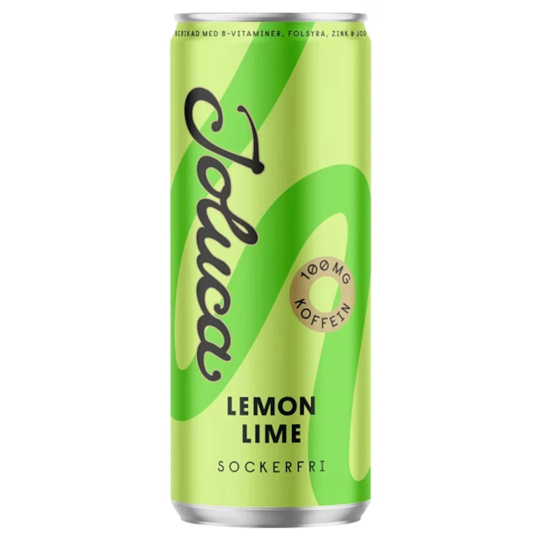 Joluca 330 ml sockerfri kolsyrad dryck i en grön burk med mörkgröna detaljer för smaken Lemon Lime., bild 3 av 5