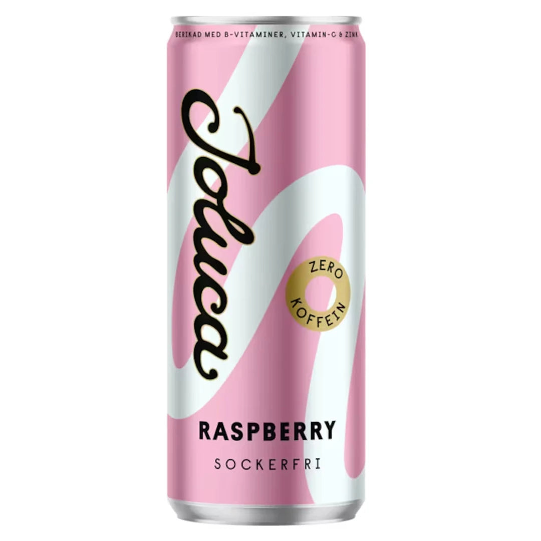 Joluca 330 ml sockerfri och koffeinfri dryck i en rosa och vit burk för smaken Raspberry., bild 4 av 5