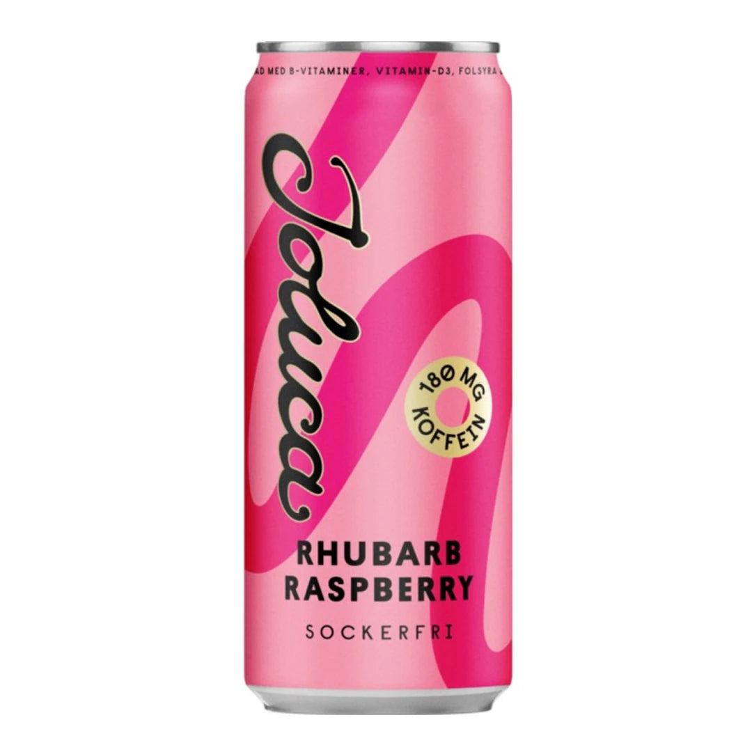 Joluca 330 ml sockerfri dryck i en rosa burk med 180 mg koffein för smaken Rhubarb Raspberry.