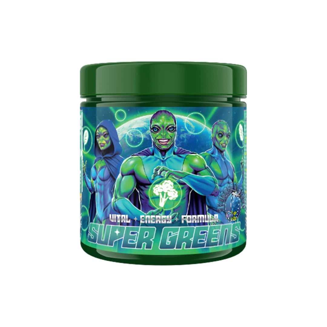 Swedish Supplements Super Greens 250 g, ett greenspulver i en mörkgrön burk med rymdmotiv på etiketten.