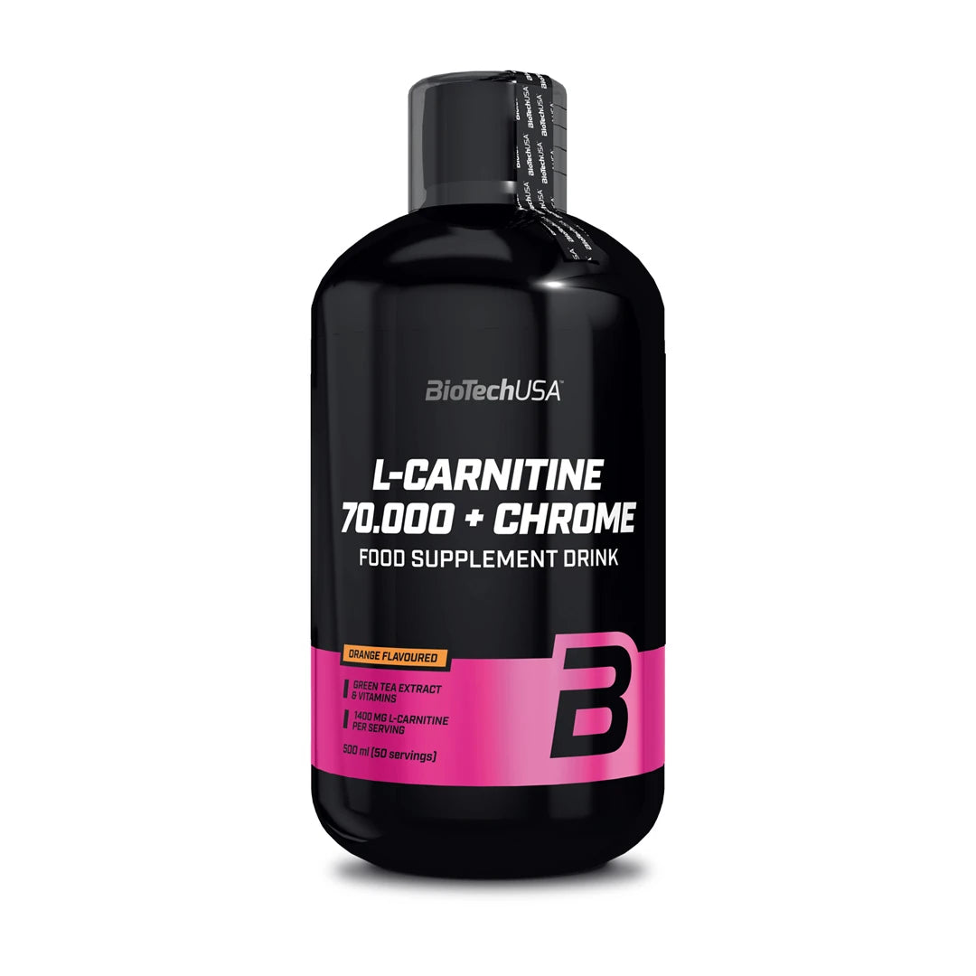 BioTechUSA L-Carnitine 70.000 + Chrome 500 ml flytande kosttillskott i en svart flaska med rosa detaljer.