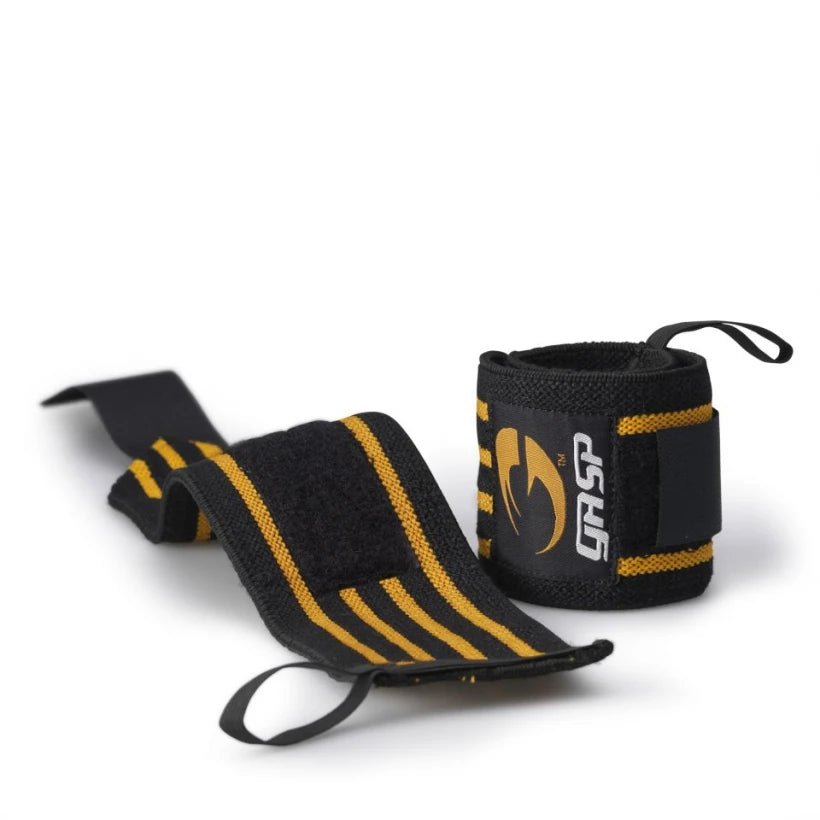 Gasp Hardcore Wrist Wraps Black är elastiska svarta handledslindor med orange ränder och kardborre för tunga lyft.