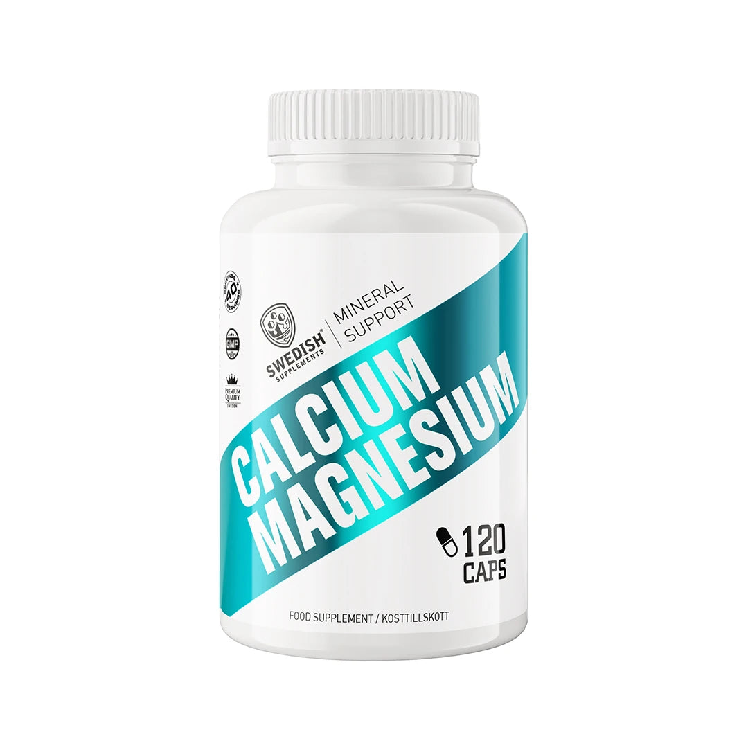 Swedish Supplements Calcium + Magnesium 120 caps kosttillskott i en vit burk med turkosa detaljer och tydlig vit text.