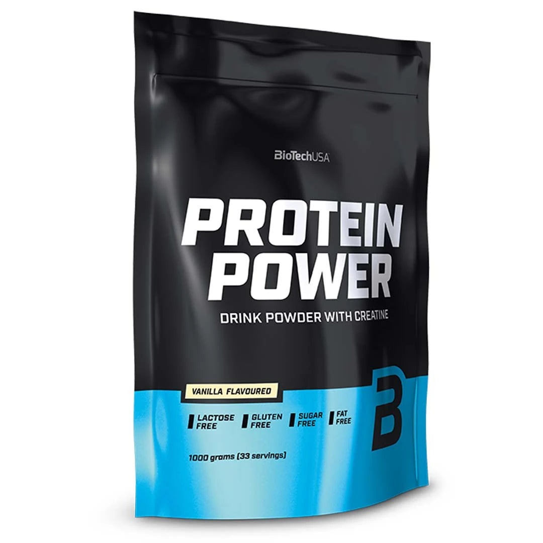 BioTechUSA Protein Power 1 kg proteinpulver i en svart och ljusblå påse för smaken Vanilla.