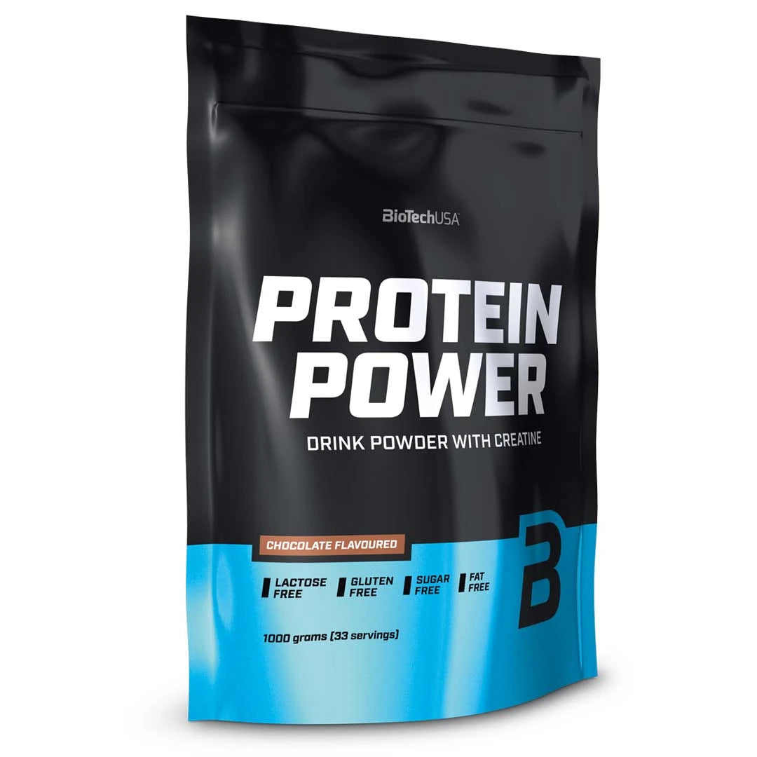 BioTechUSA Protein Power 1 kg proteinpulver i en svart påse med ljusblå detaljer för smaken choklad.