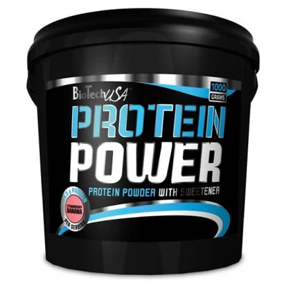 BioTechUSA Protein Power 4 kg proteinpulver i en svart hink med blå detaljer och text för smaken Strawberry Banana.
