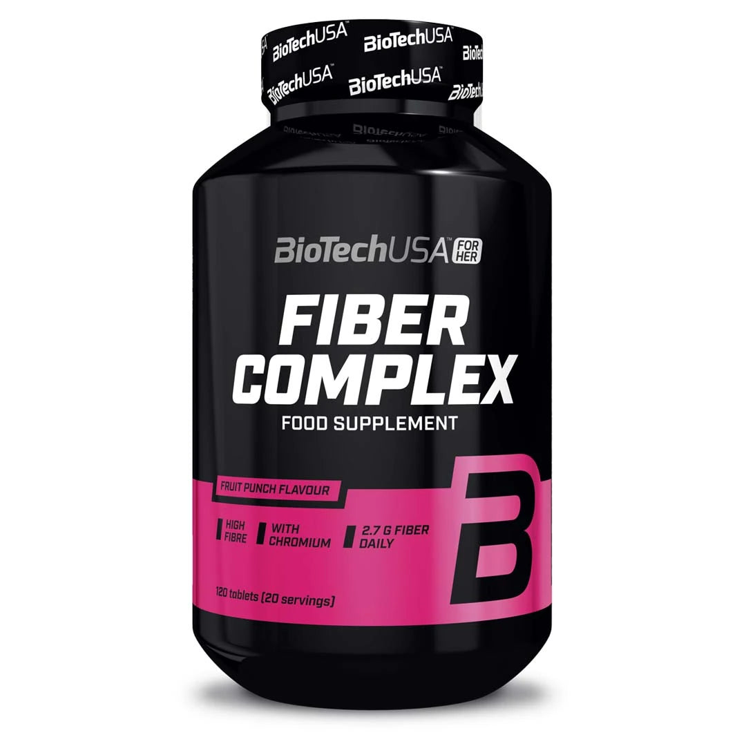 BioTechUSA Fiber Complex 120 tabs i en svart burk med rosa detaljer och fruktsmak.