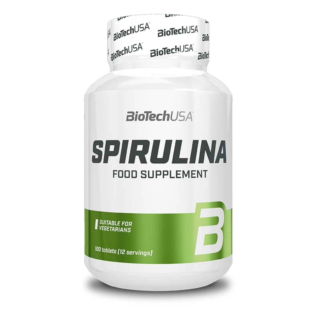 BioTechUSA Spirulina 100 caps kosttillskott i en vit burk med grön och grå text.
