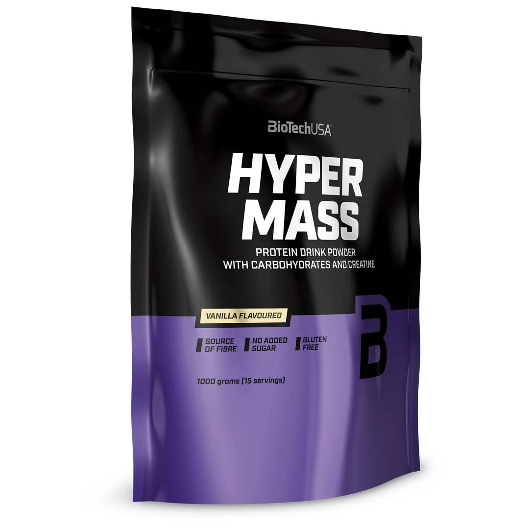 BioTechUSA Hyper Mass 1 kg gainer i en svart och lila påse för smaken Vanilla.