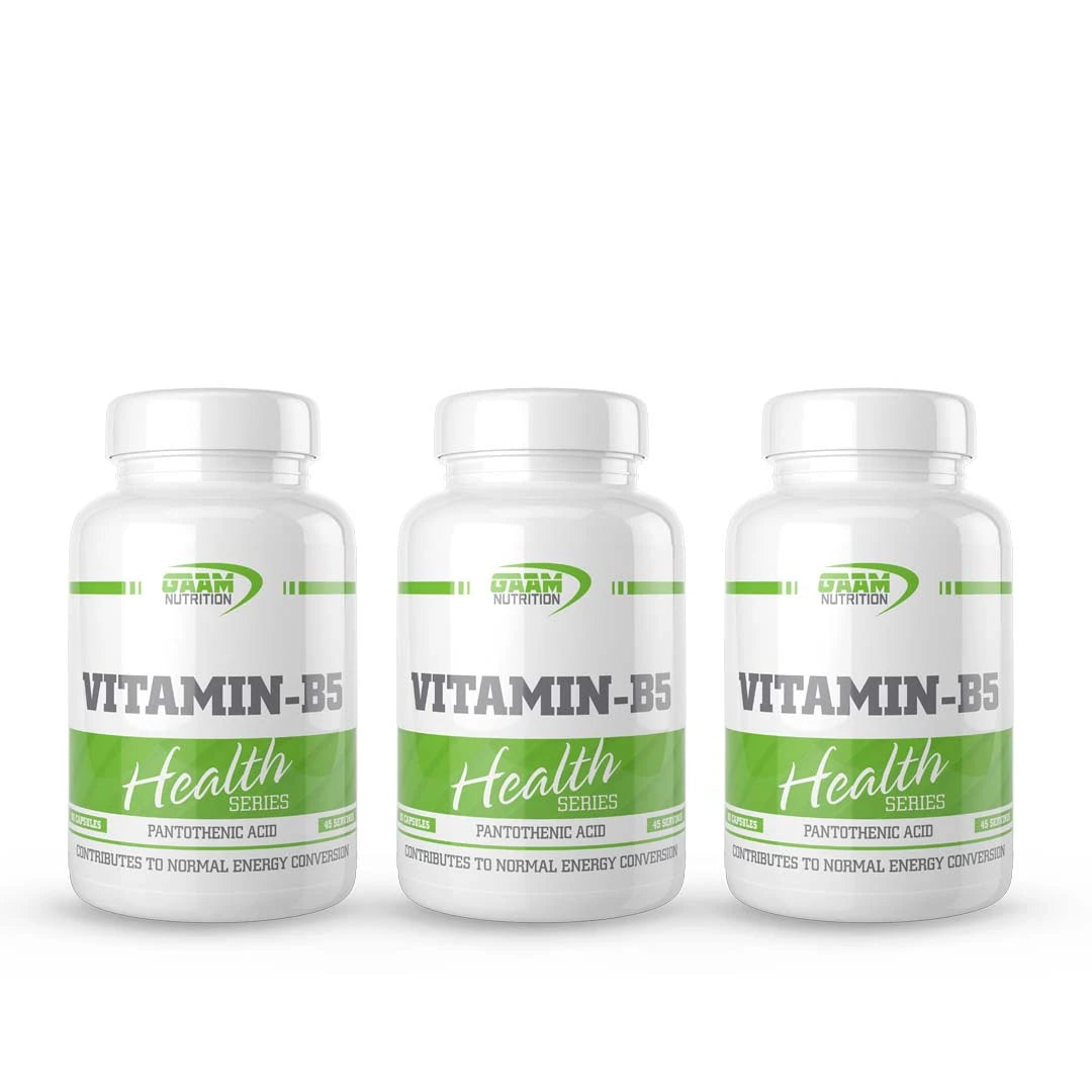 3 x GAAM Vitamin B5 90 caps vitamintillskott i tre vita plastburkar med gröna och grå detaljer.