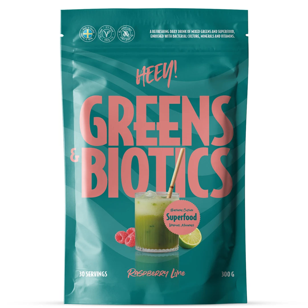 Heey! Greens & Biotics Superfood + Probiotics 300 g pulver i en turkos påse för smaken Raspberry Lime.