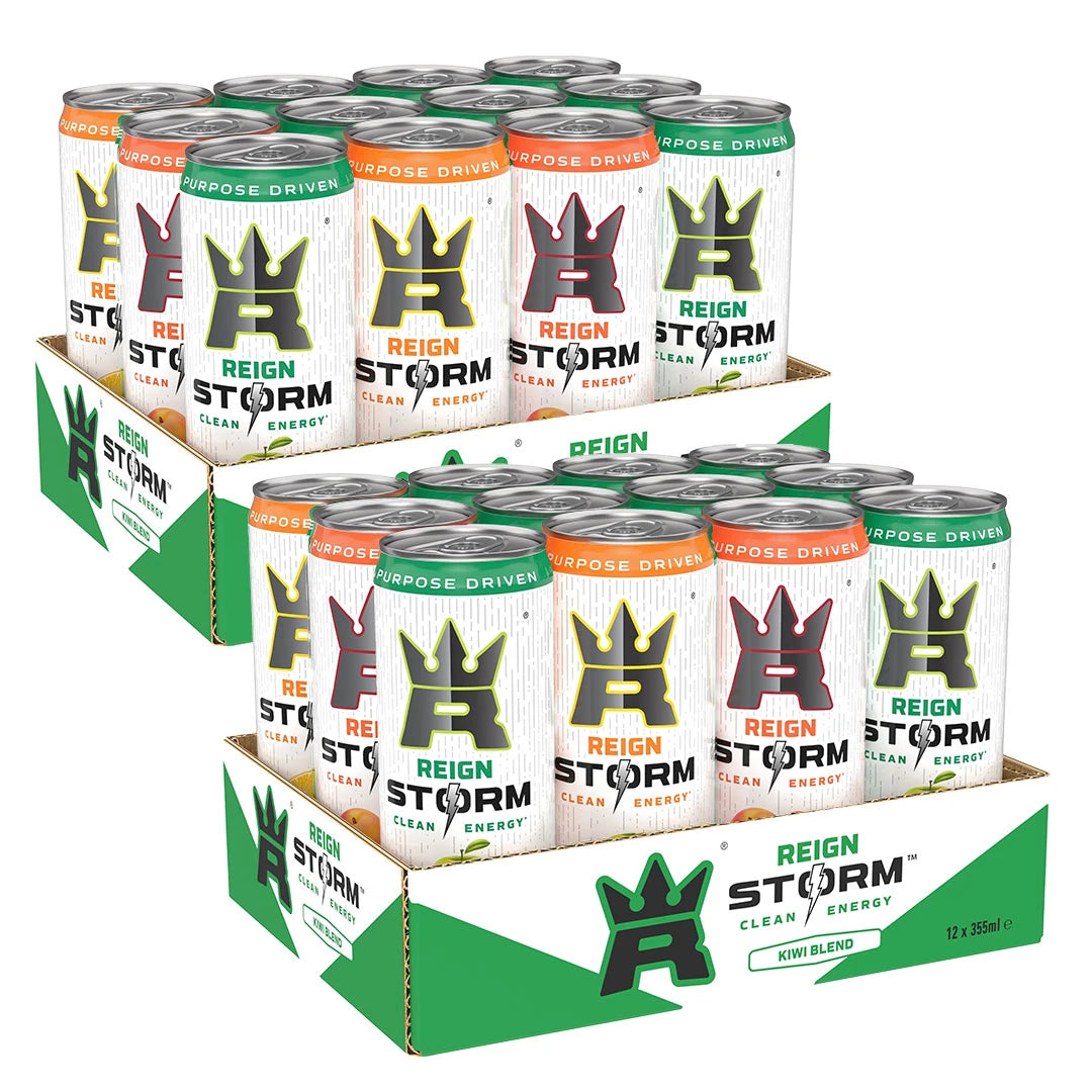 24 x Reign Storm Energy 355 ml Mixflak i två pappflak med vita energidrycksburkar och färgglada detaljer för olika smaker.