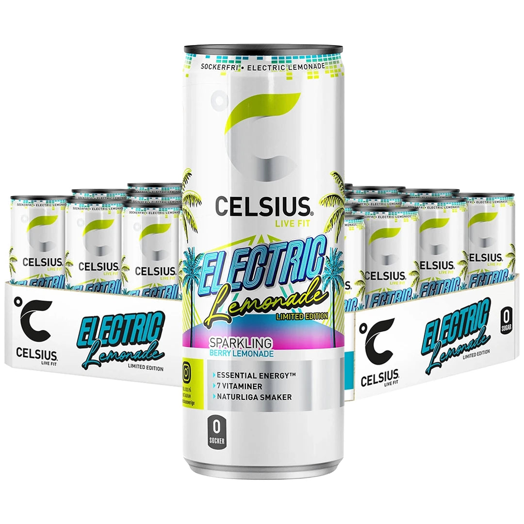 24 x Celsius 355 ml Electric Lemonade i ett vitt flak med vita energidrycksburkar och färgglatt palmmotiv.