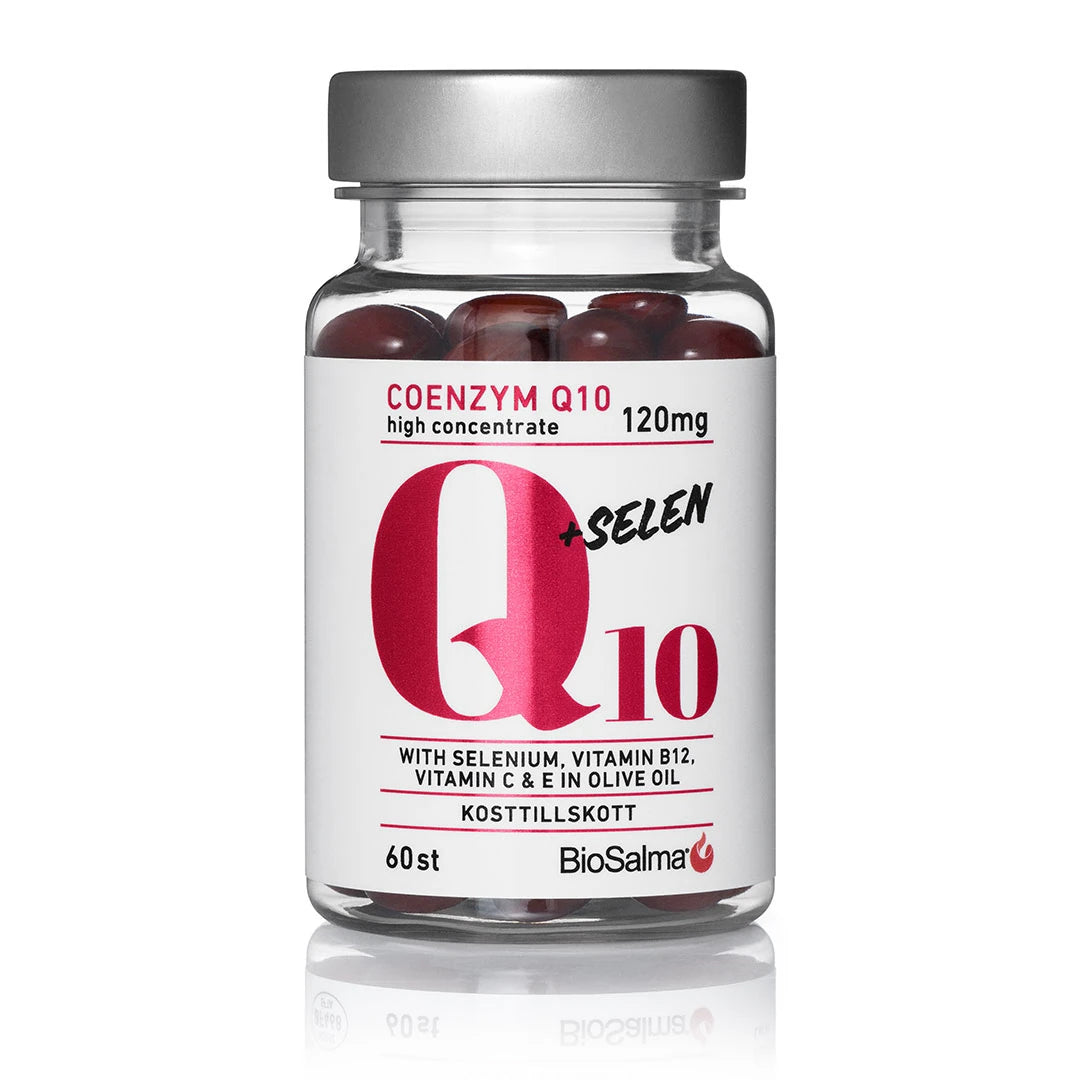 BioSalma Q10 Coenzym 120mg + selen 60 caps i en transparent burk med grått lock, med tydlig rosa text på vit etikett.