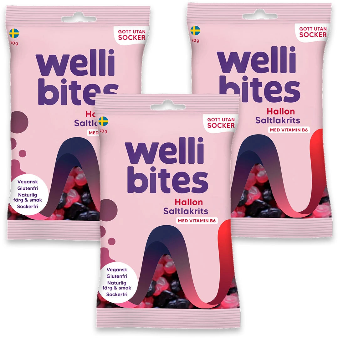 3 x Wellibites Candy 70 g Hallon & Saltlakrits i tre ljusrosa påsar för det sockerfria godiset.