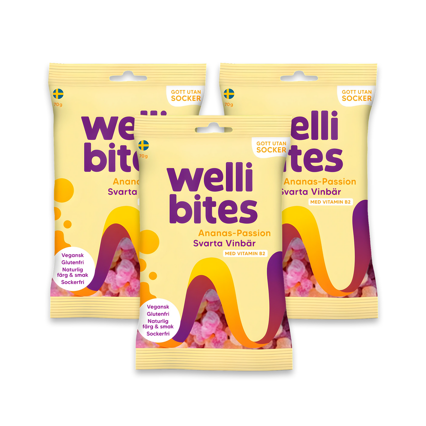 3 x Wellibites Candy 70 g Ananas-Passion &amp; Svarta vinbär, bild 1 av 1