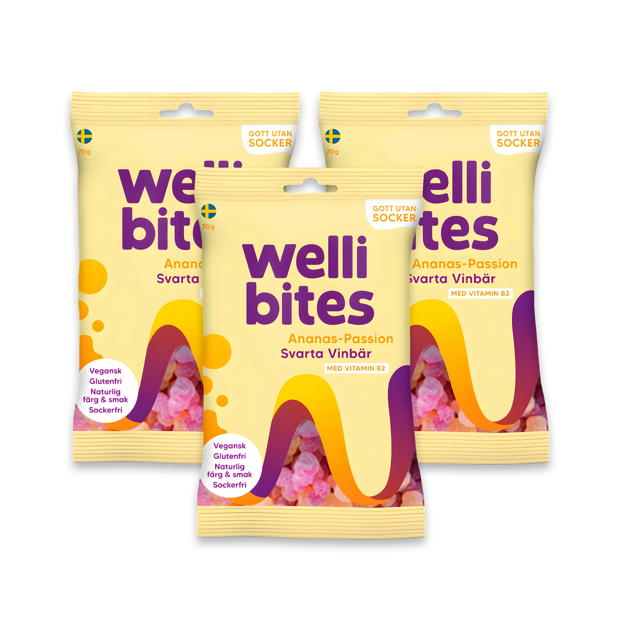 3 x Wellibites Candy 70 g Ananas-Passion &amp; Svarta vinbär, bild 1 av 1